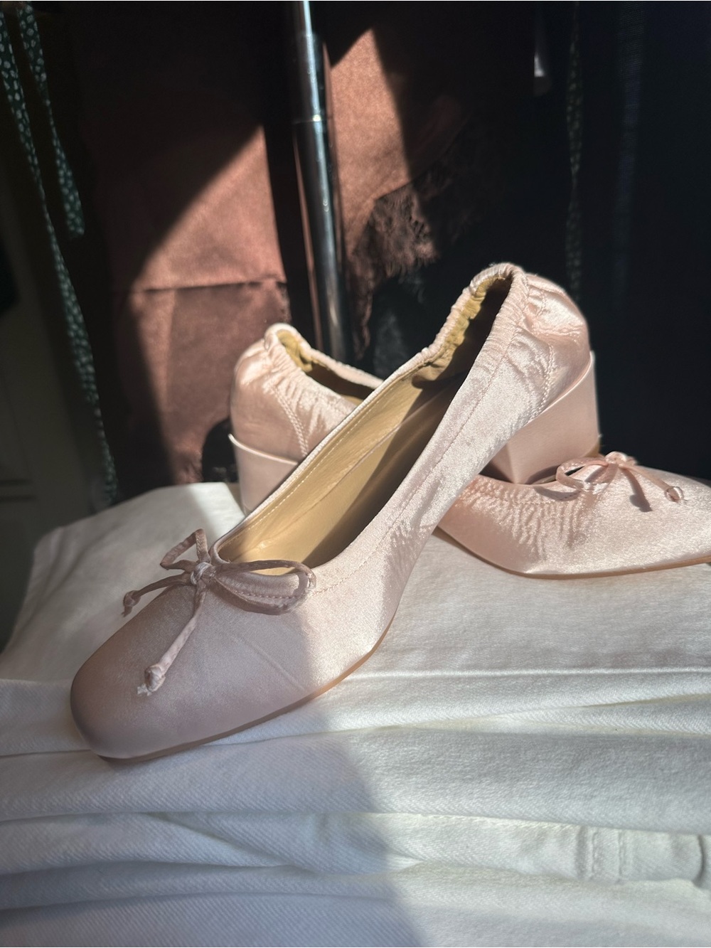 Elegant Blush Pink Satin Low Heel Ballet Pumps with Bow